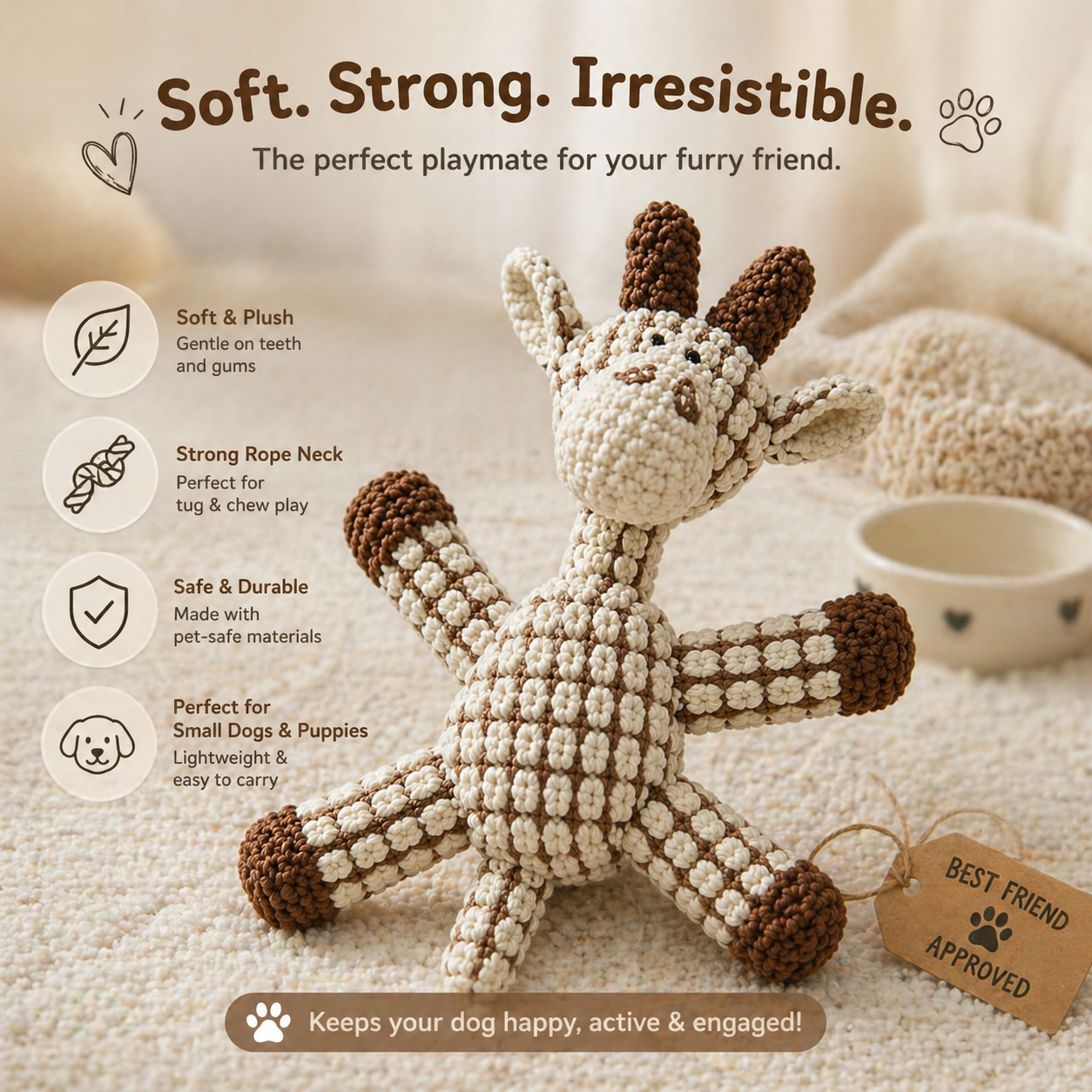 Plush Teddy Bear Dog Chew Toy with Rope Neck | Soft Squeaky Rope Chew Toy | For Small to Medium Dogs