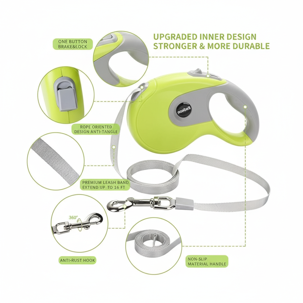 Nunbell Retractable Dog Leash | Heavy-Duty Extendable Lead with Brake Button Tangle-Free | For All Breed Dogs