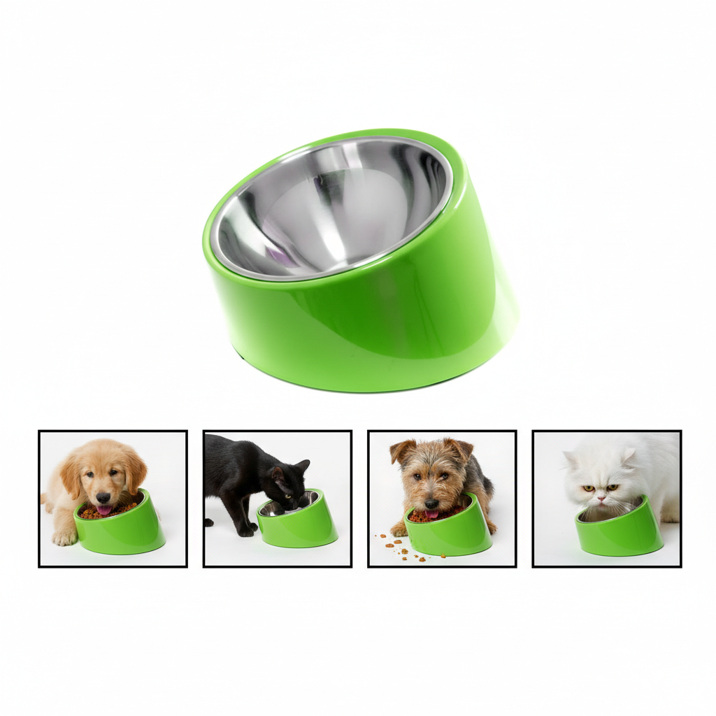 Slant Pet Feeding Bowl | Ergonomic Anti-Spill Angled Food Dish Stainless Steel | For Dogs & Cats