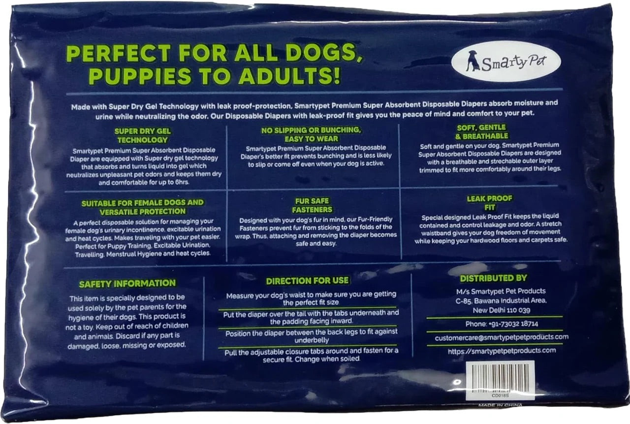 Smartypet Disposable Dog Diapers | Leak-Proof Adjustable Absorbent Belly Band Nappy | For Male & Female Dogs