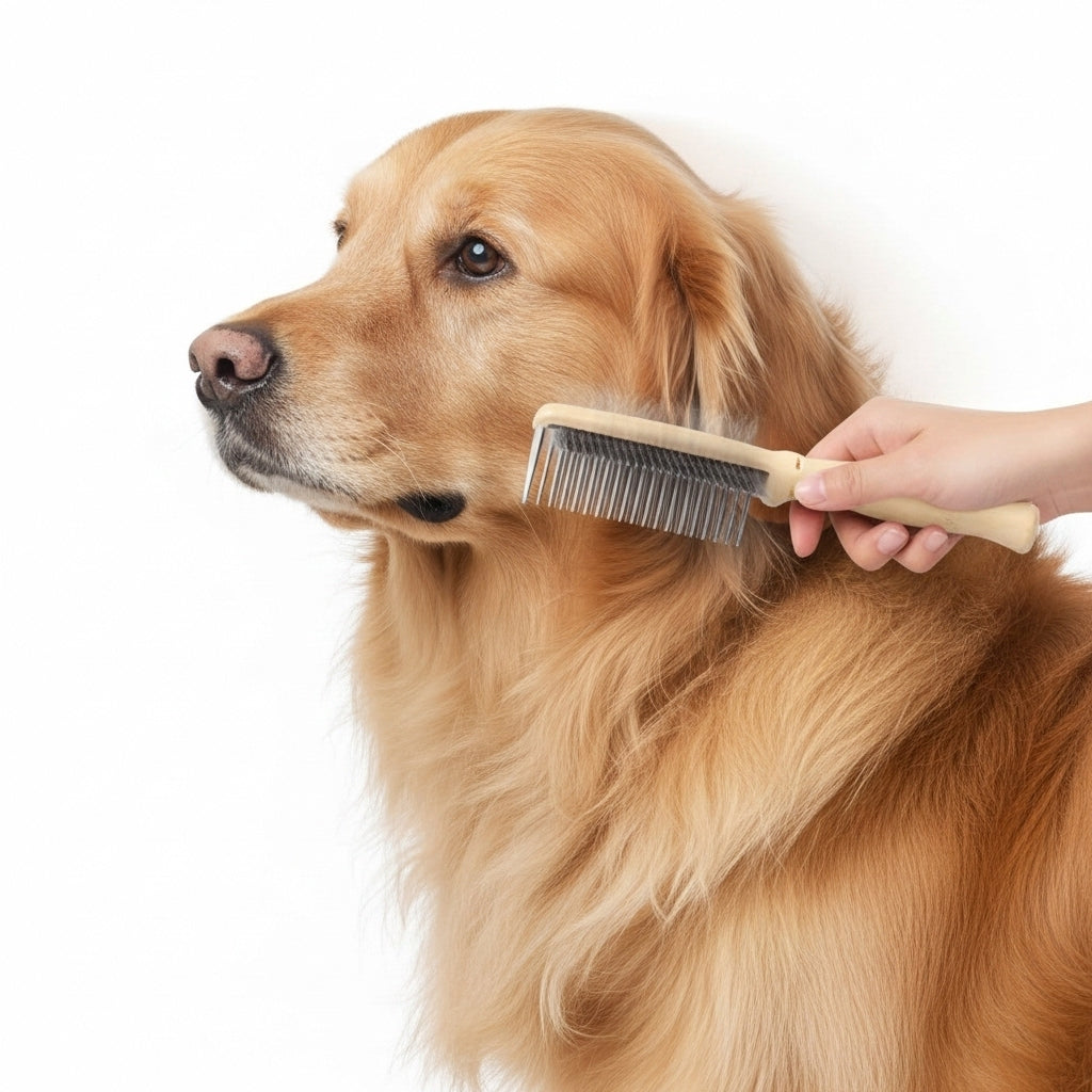 Wooden Handle Double-Sided Dog & Cat Grooming Comb | Fine & Coarse Teeth Detangling | For All Coat Types