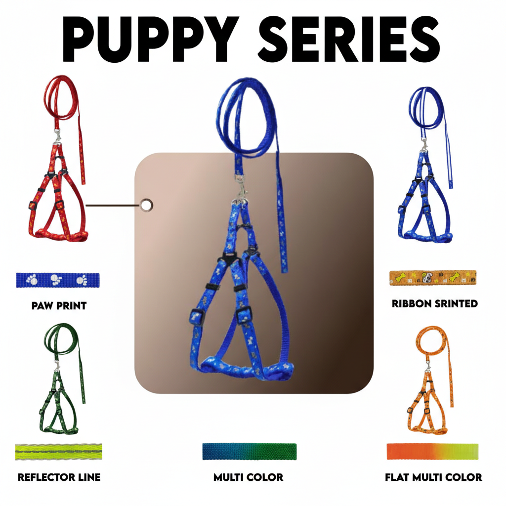 Multi-Colour Nylon Dog Leash & Harness Set | Vibrant Printed Adjustable No-Pull Combo | For Small to Medium Dogs