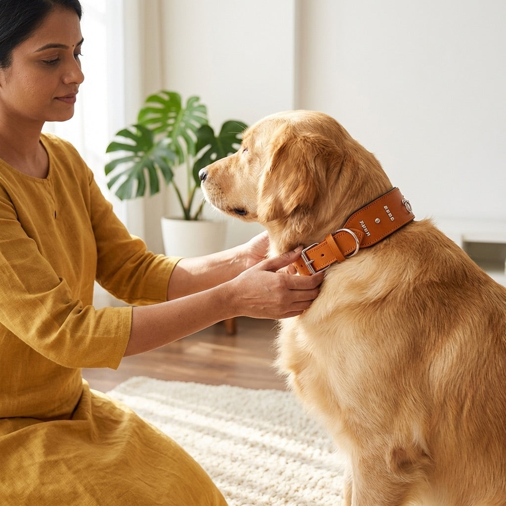 Genuine Leather Broad Dog Collar | Premium Wide Adjustable Neck Strap with Metal Buckle | For Large Breed Dogs