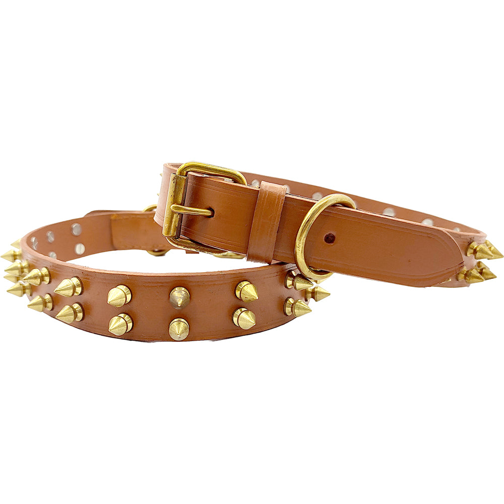 Genuine Leather Spike Dog Collar with Brass Fittings | Heavy-Duty Anti-Pull Studded Collar | For Large Breed Dogs
